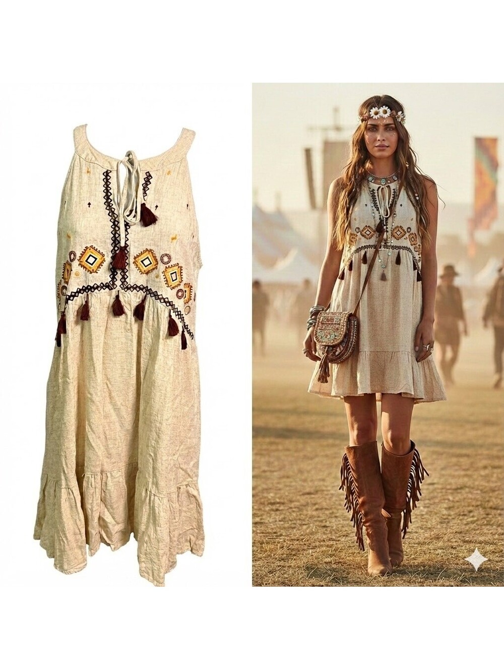 Easel Mini Linen Blend Halter Dress Womens M Boho Embroidered Cottagecore Flowy
